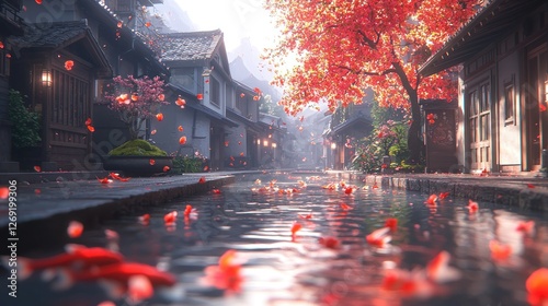 Autumnal Canal, Asian Village, Falling Petals, Peaceful Scene, Tourism