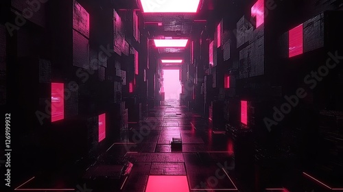Pink neon lights illuminate a dark, futuristic corridor with textured walls and floor.