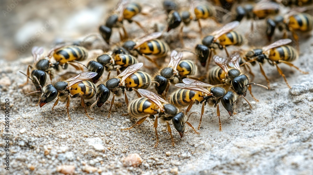 Close-up of many bees clustered together on light brown ground. Close-up of many bees clustered together on light brown ground.