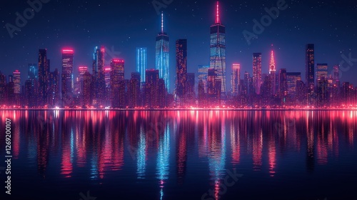 Night cityscape, vibrant neon lights reflected in water.