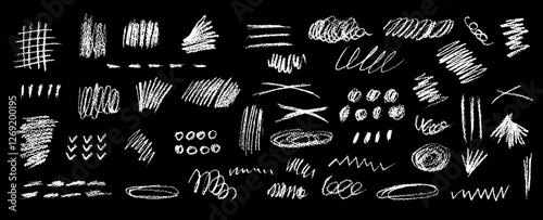Set of chalk scribble frames and line brush elements. Collection of white wax pencil drawn highlighter spots and cross shapes. Rough crayon vector illustration. Squiggles in children style.