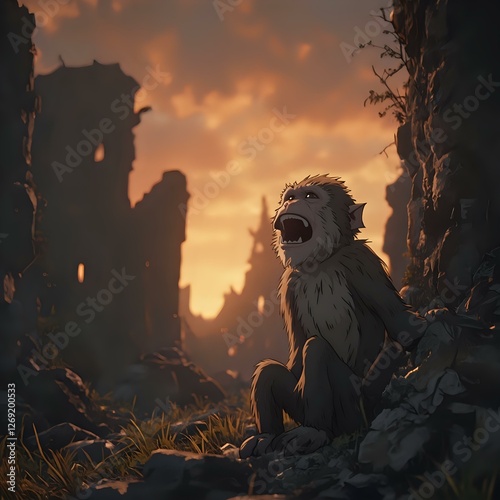 The image depicts a fantastical creature with a long, bushy tail and sharp teeth, sitting on the ground amidst rubble, with a dramatic sky in the background.