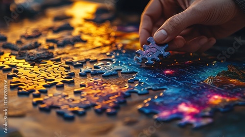 Close-up of hand placing puzzle piece onto a cosmic galaxy jigsaw.