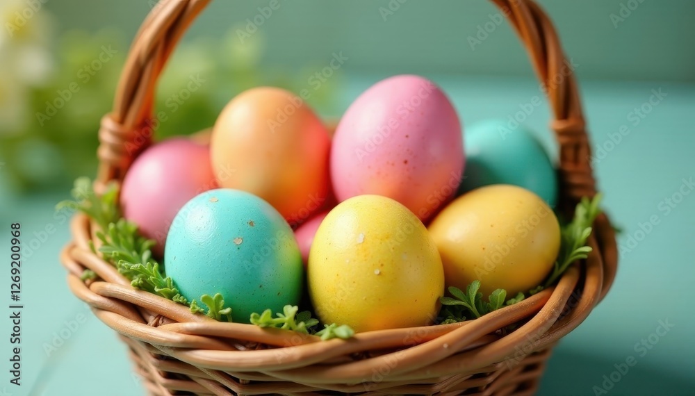 Speckled teal, pink, and yellow eggs in a woven basket , photography, festive