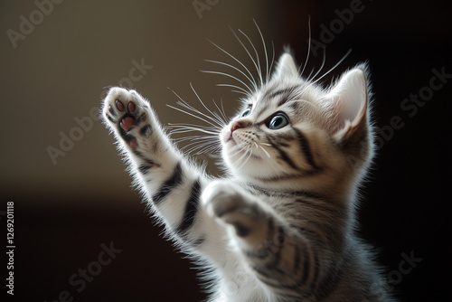 American Shorthair kitten playing with paws up for pet blogs, websites, and breed information photo