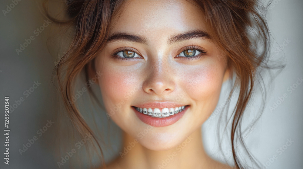 Close up portrait healthy female with Brackets on Teeth. Beauty woman smile with orthodontic accessories. Orthodontics treatment and Dental care concept Close up portrait healthy female with Brackets on Teeth. Beauty woman smile with orthodontic accessories. Orthodontics treatment and Dental care concept