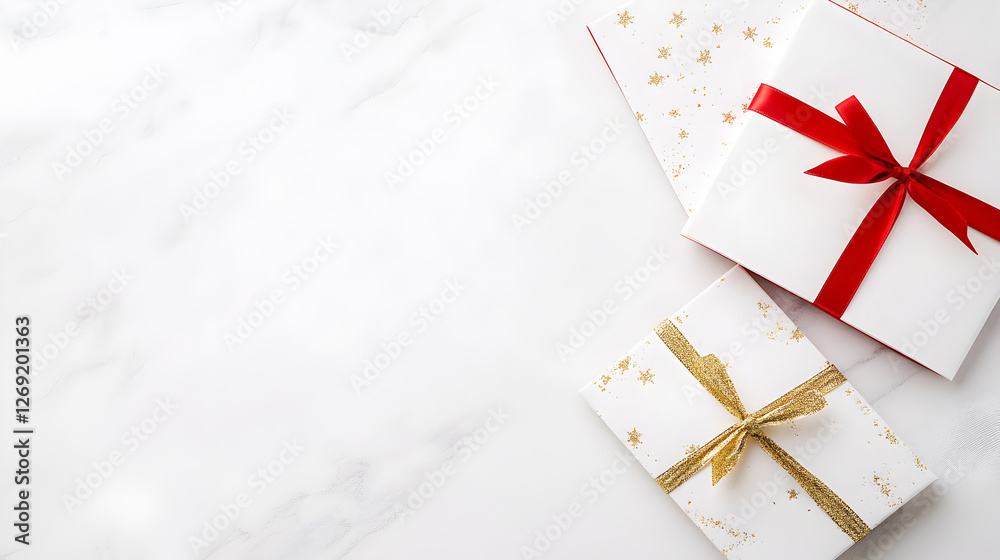 Fototapeta premium Elegant white gift boxes adorned with red and gold ribbons rest on a marble surface, creating a luxurious and festive presentation. Perfect for holiday promotions and gift branding. Selective focus