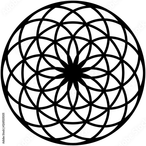 Intricate circular geometric design featuring interlaced arcs, forming a complex and visually appealing rosette pattern.