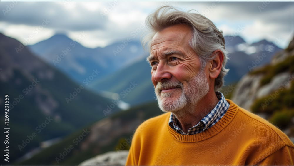 A man with a beard and gray hair is smiling at the camera. He is wearing a yellow sweater and is standing on a mountain A man with a beard and gray hair is smiling at the camera. He is wearing a yellow sweater and is standing on a mountain