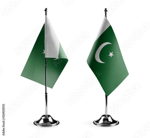 Small national flags of the Pakistan on a white background