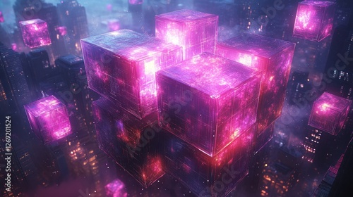 Glowing pink cubes hover over futuristic city at night.