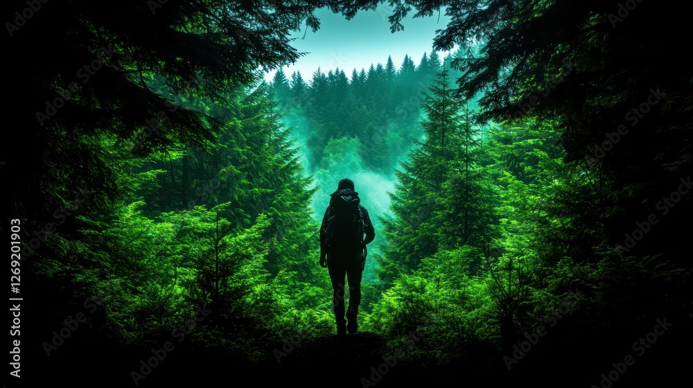 Silhouetted hiker pauses, gazing at a misty, evergreen forest. Silhouetted hiker pauses, gazing at a misty, evergreen forest.