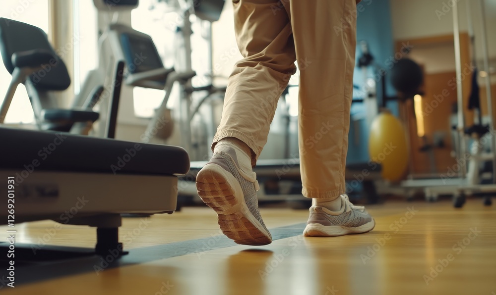 Fototapeta premium Person walks in gym towards equipment.