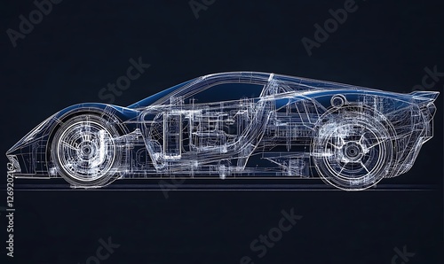 Detailed blueprint of a high-tech sports car with intricate internal components and futuristic design.