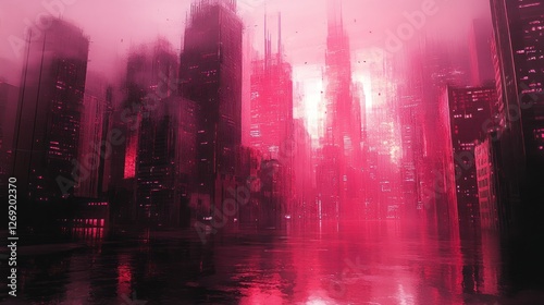 Futuristic city skyline at dawn, red light reflecting on wet streets.