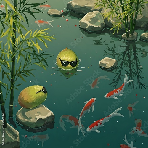 The image features two anthropomorphic fruits wearing sunglasses, swimming in a pond with koi fish, surrounded by bamboo and rocks.