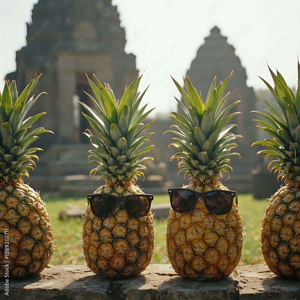 Four pineapples, each with sunglasses perched on top, are arranged in a line against a backdrop of historical architecture.