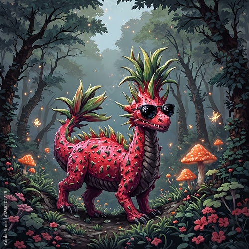 The image portrays a fantastical creature, reminiscent of a dragon or mythical beast, set amidst a lush forest environment.