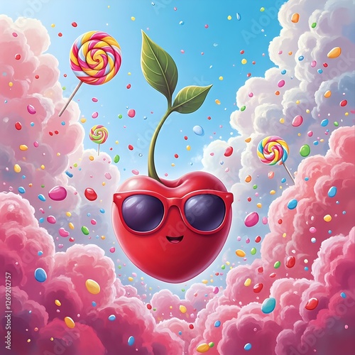 An illustration featuring a red cherub-like character wearing sunglasses, surrounded by colorful lollipops and confetti against a background of fluffy clouds.