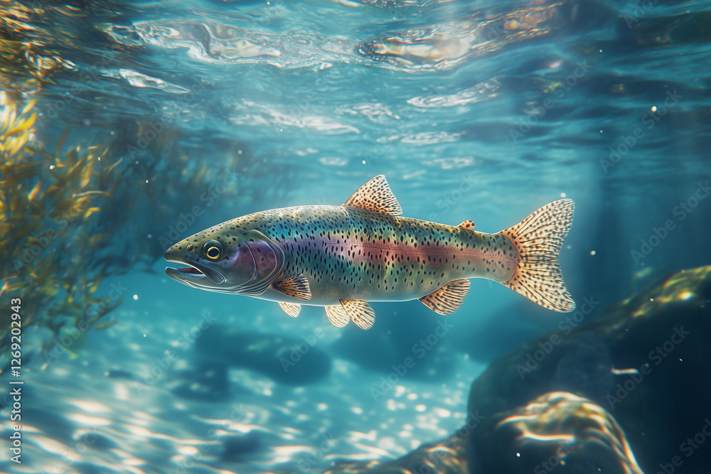 Naklejka premium Rainbow trout swimming in clear water for nature blogs, fishing websites, and educational materials