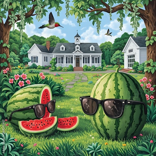 The image is a whimsical illustration featuring a pair of watermelon slices donning sunglasses on a grassy lawn, with a backdrop of a charming house, trees, and a bird in mid-flight.