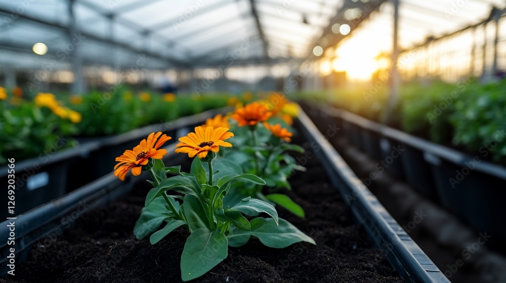 Vibrant calendula blooms stretch towards the sunlight inside greenhouse Vibrant calendula blooms stretch towards the sunlight inside greenhouse
