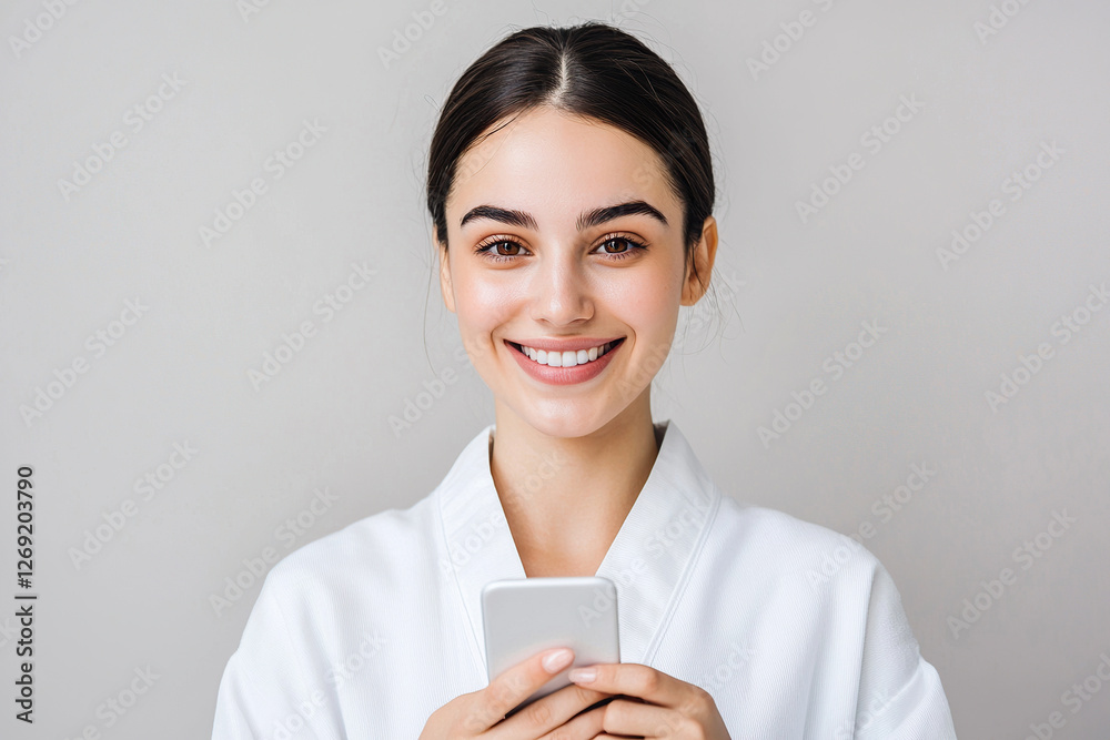 Smiling woman in white robe holding smartphone against gray background Smiling woman in white robe holding smartphone against gray background