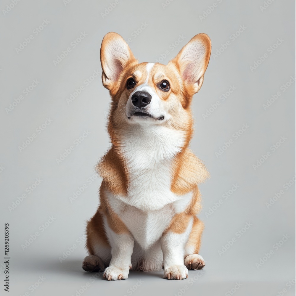 Relaxed Welsh Corgi Sitting Neatly with Paws on Grey Background Relaxed Welsh Corgi Sitting Neatly with Paws on Grey Background