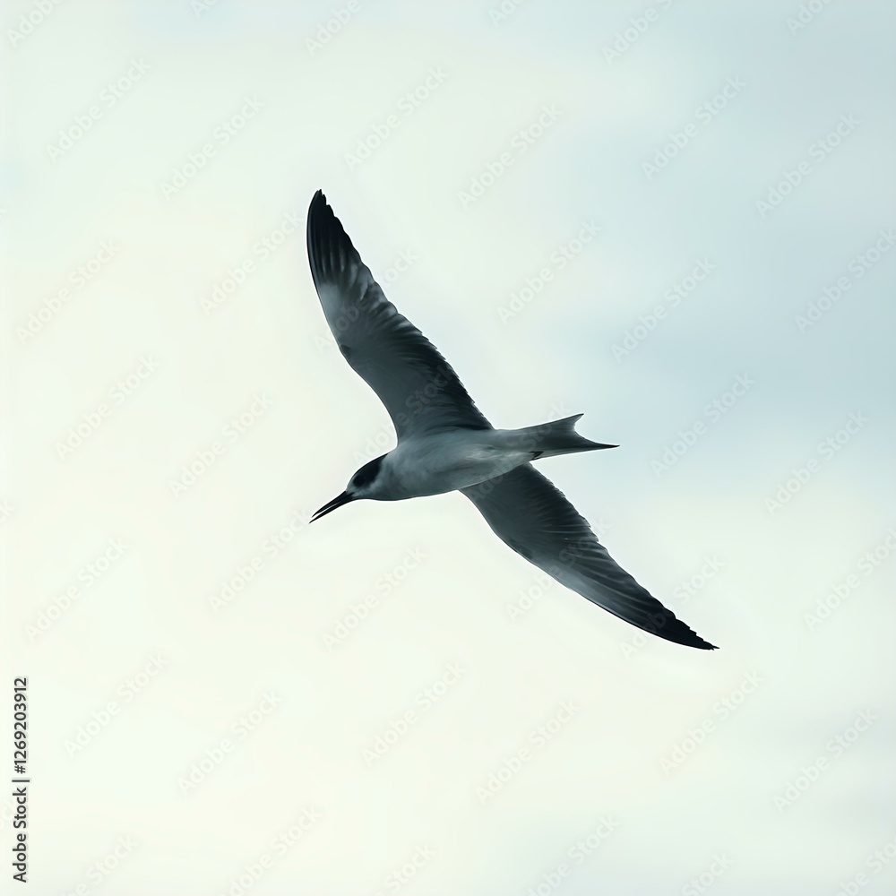 Obraz premium A seagull is captured in mid-flight against a cloudy sky backdrop.