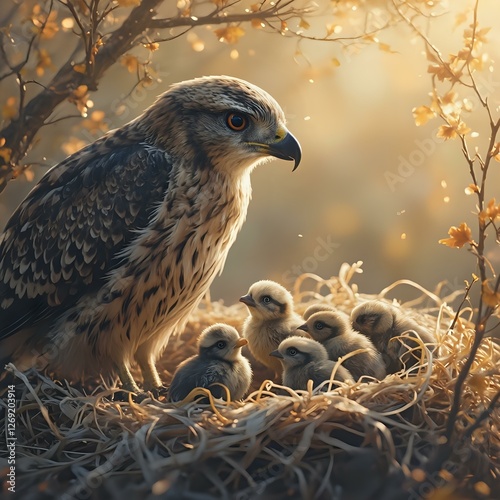 A large bird, possibly a hawk, perches on a nest composed of straw and twigs, while its offspring are nestled in the vicinity, all bathed in the warm glow of the sun filtering through the tree branche