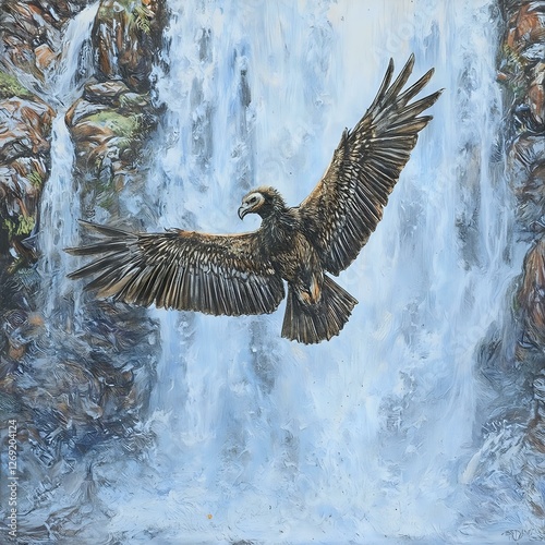 An eagle in flight is depicted against a backdrop of a waterfall, its wings spread wide and talons extended.