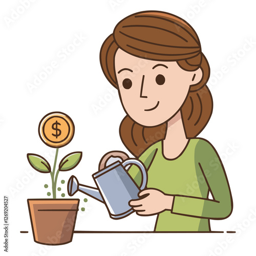 girl take care money plant