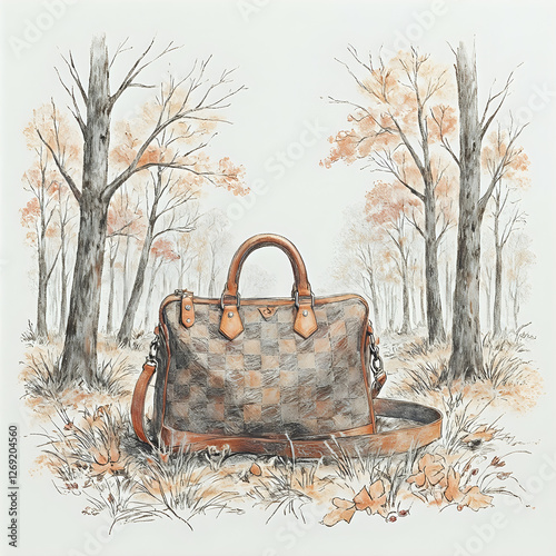 An illustration of a handbag with a checkered pattern, positioned in the center against a backdrop of trees with autumn-colored foliage.