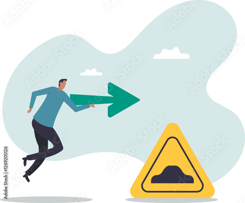Business slow down due to obstacles, difficulty or speed limit, beware of crisis ahead or recession, economic depression.business concept.flat character.