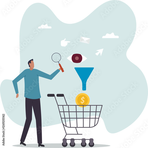 Sales funnel or online marketing conversion rate, customer flow from awareness, click and purchase product on e-commerce website,business concept.flat character.