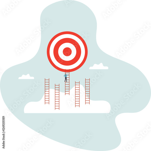 Ladder of success to reach goal or target, challenge to achieve goal, strategy or motivation to win competition,business concept.flat character.