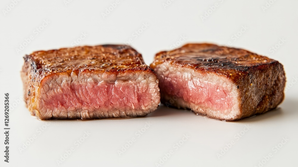 Juicy, perfectly cooked steak cut in half, showcasing a tender, pink interior. Juicy, perfectly cooked steak cut in half, showcasing a tender, pink interior.