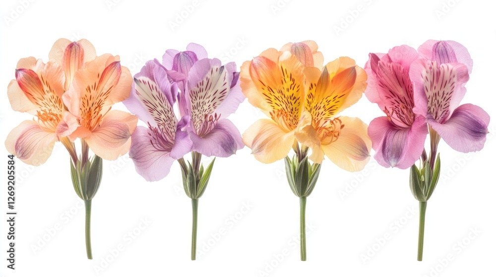Obraz premium Four colorful alstroemeria flowers, isolated on white background, for greeting cards