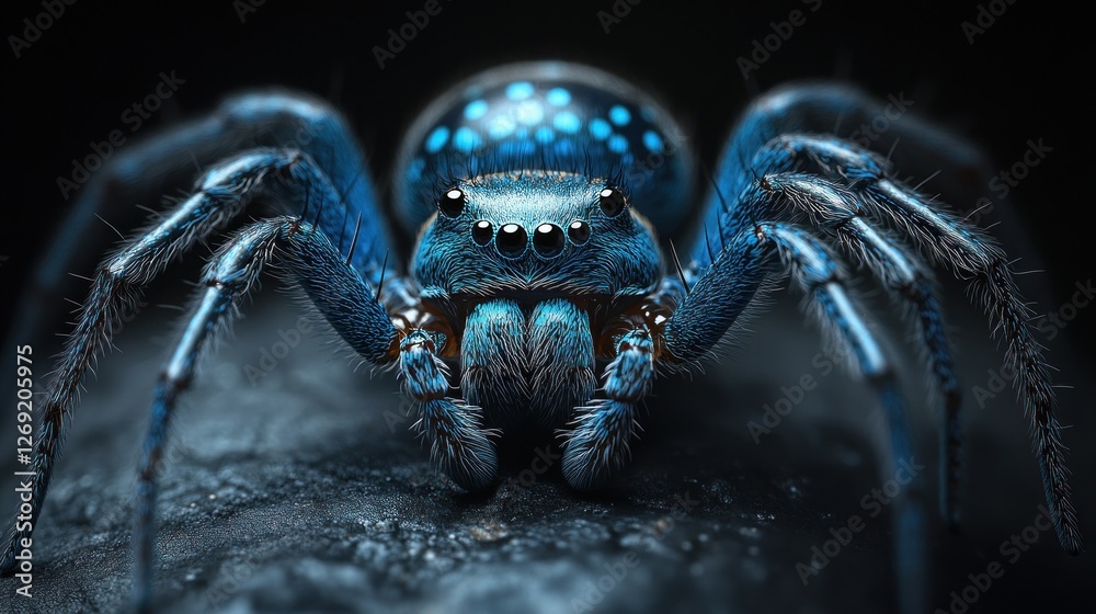 Close-up of a vibrant blue spider with intricate details, perched on a dark surface. Close-up of a vibrant blue spider with intricate details, perched on a dark surface.