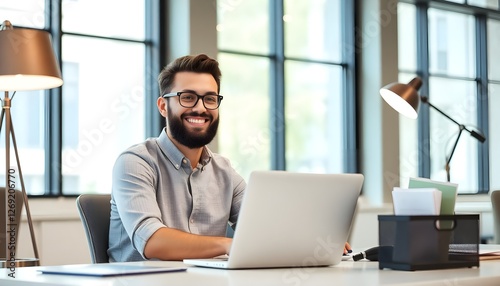 A young man with a beard and glasses sitting at a desk, working on a laptop. He is smiling, and the setting is an bright, modern office with large windows. There are stylish lamps and a paper organize