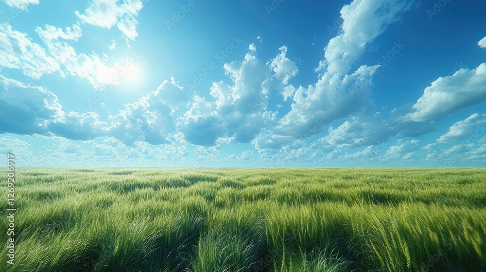 Fototapeta premium A serene landscape of tall grass under a bright blue sky with fluffy clouds.