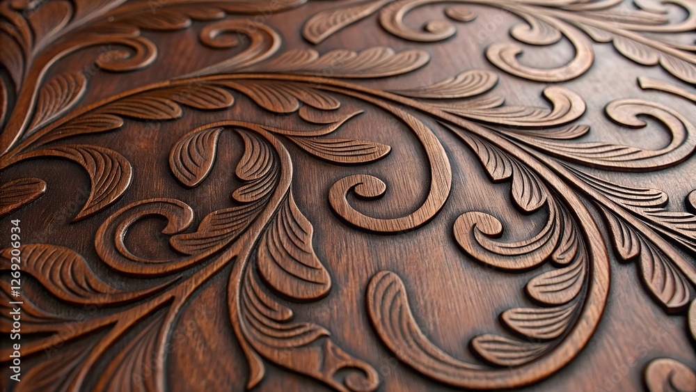 Obraz premium Intricate Carved Wood: A close-up reveals the exquisite detail of a dark brown wood panel adorned with a swirling, ornate floral pattern, showcasing the artistry of woodworking.