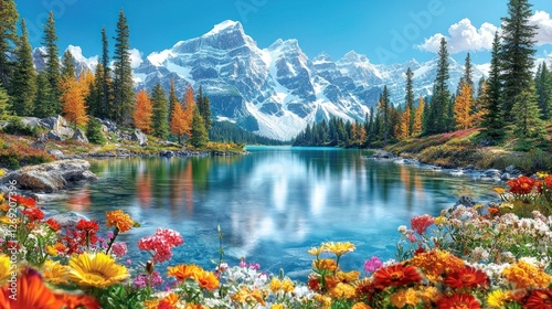 Fototapeta Naklejka Na Ścianę i Meble -  Autumnal lake reflecting snowy mountains, colorful flowers foreground; nature calendar