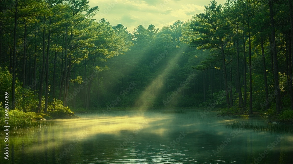 Obraz premium Sunbeams illuminate misty forest lake at dawn.