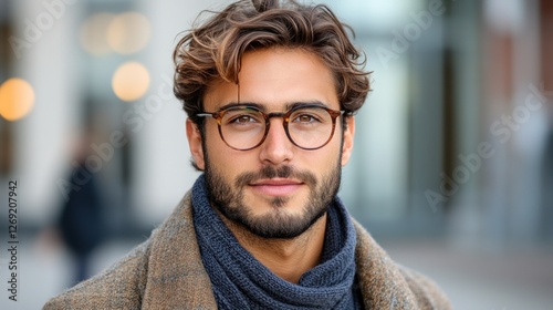 Handsome man with glasses and stylish beard, wearing a coat and scarf, outdoors.