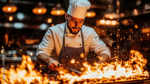 Chef skillfully prepares food over open flames in a restaurant kitchen.