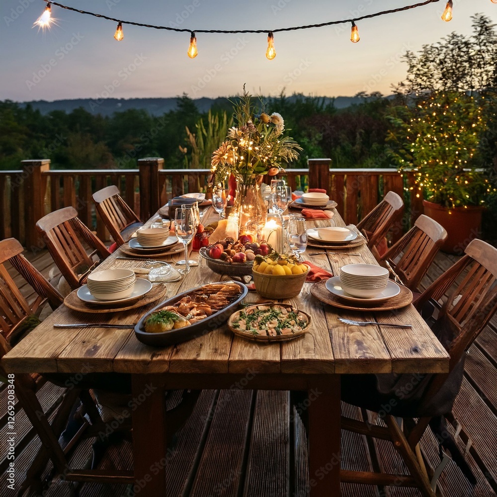 Obraz premium Generated image An outdoor dinner setup with fairy lights, rustic wooden tables, and a selection of seasonal