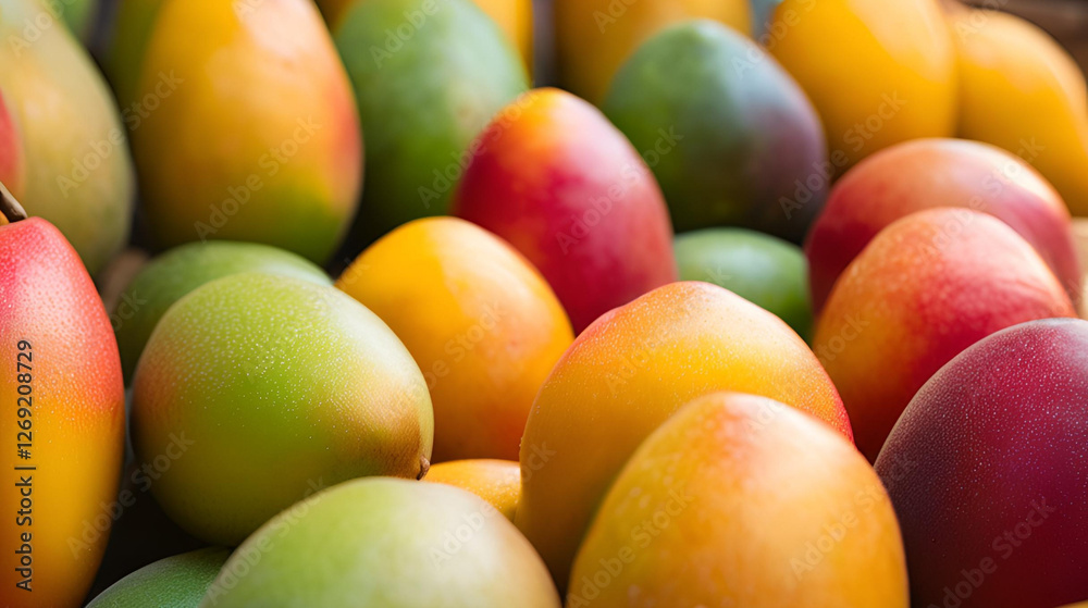 Close-up of fresh and juicy Mango in various colors neatly arranged, showing the natural beauty and diversity of the fruit