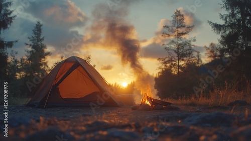 Tourist tent near the fire, an evening picture against the backdrop of nature and mountains