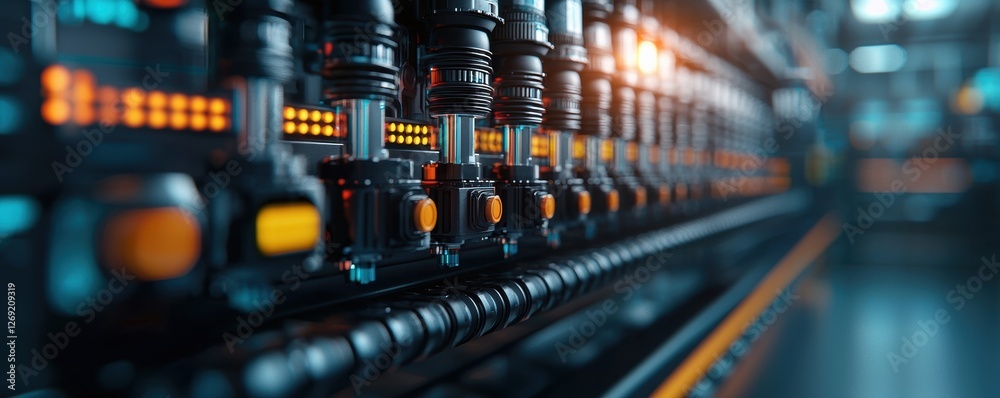 A close-up view of electronic components and connectors, showcasing a sleek, futuristic design with glowing lights and intricate details. A close-up view of electronic components and connectors, showcasing a sleek, futuristic design with glowing lights and intricate details.